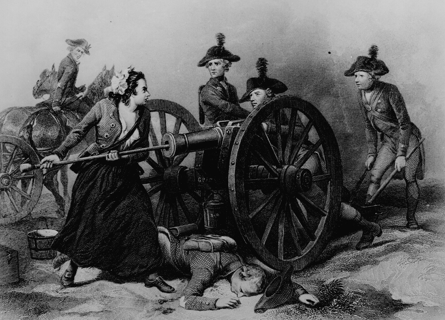 Engraving showing Molly Pitcher working a cannon at the Battle of Monmouth