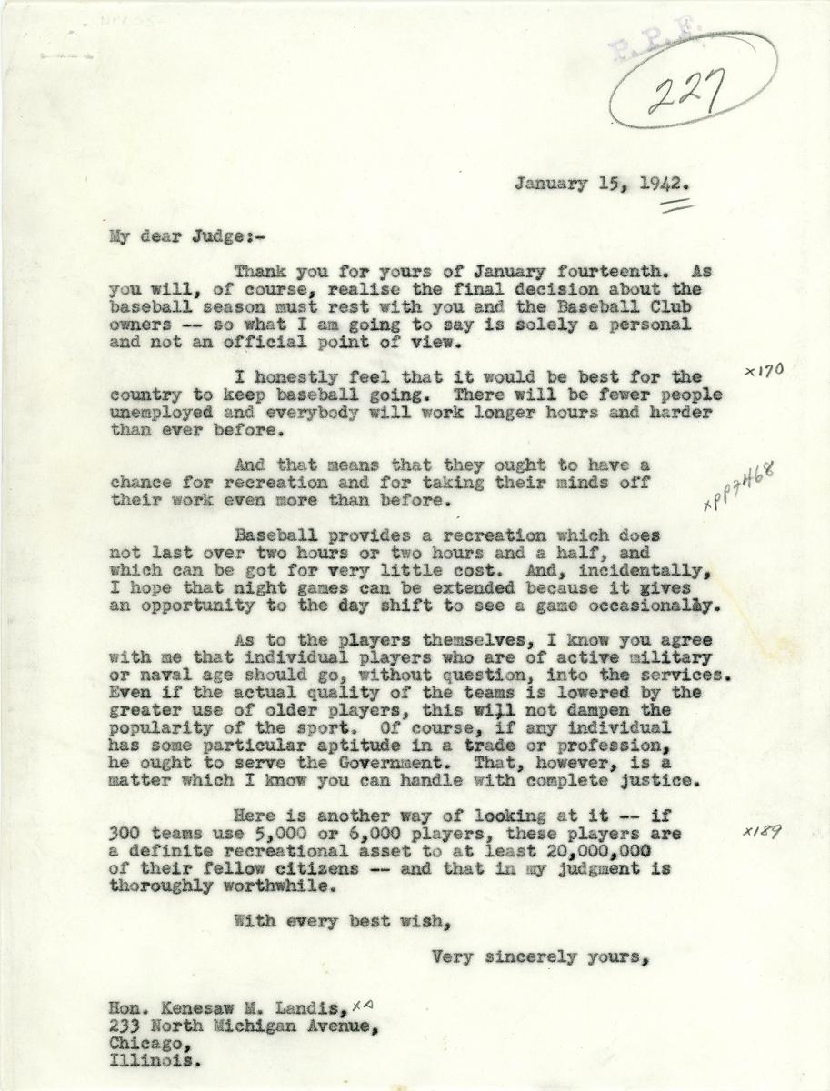 Letter from President Franklin Roosevelt to Baseball Commissioner Kenesaw Landis