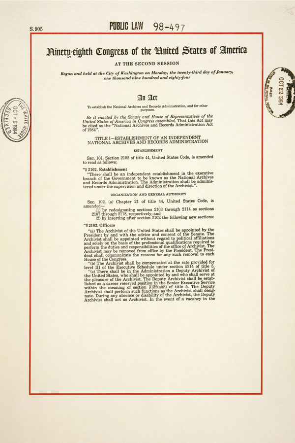 Page 1 of National Archives Act of 1984