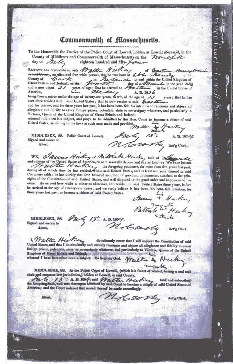 Naturalization record for Walter Hickey