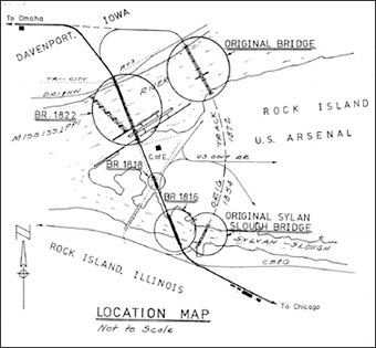 drawing of locations of Rock Island bridges