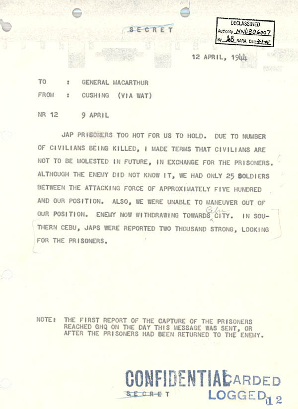 Radio message from Lt Col James Cushing to General MacArthur
