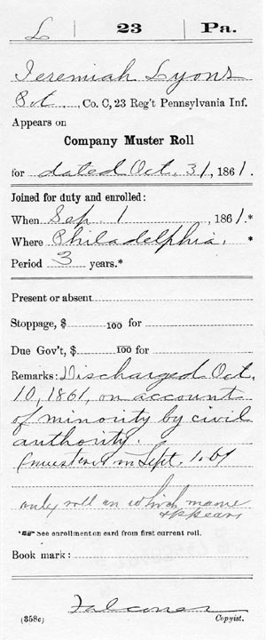 Jeremiah Lyons's compiled military service record, 1861