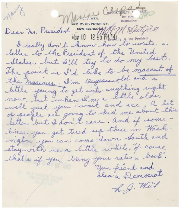 L. J. Weil's 1943 letter to the U.S. Marine Corps