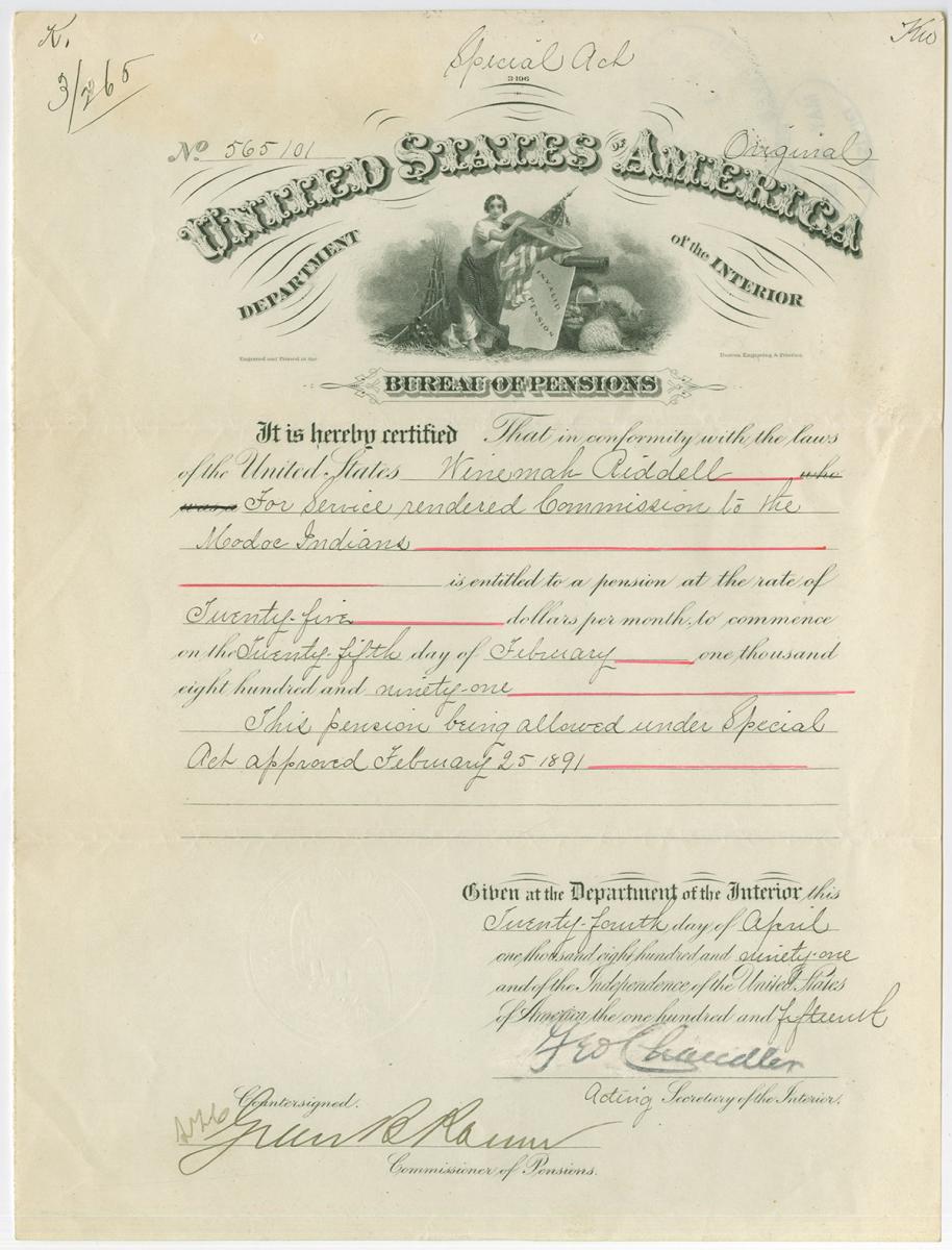 Winema Riddle's pension certificate. 