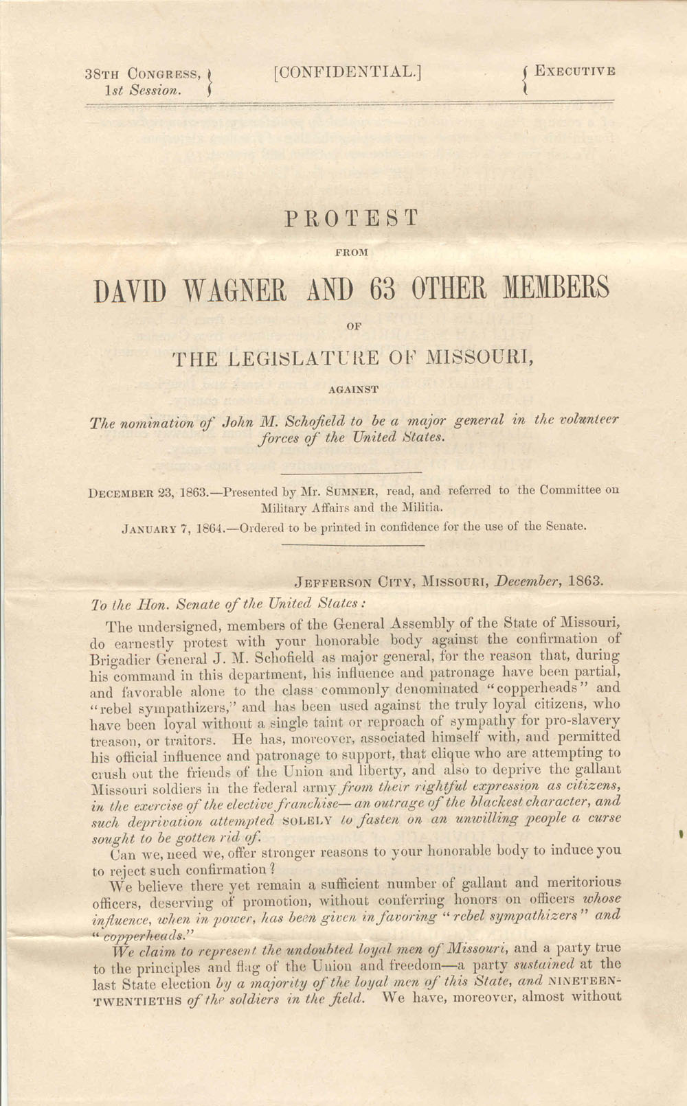 printed petition from the state legislature of Missouri protests Schofield's nomination as major general of volunteers