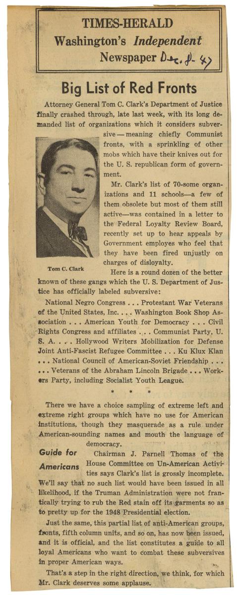 newspaper article dated December 8, 1947, announces Attorney General Tom Clark's release of a new list of subversive organizations
