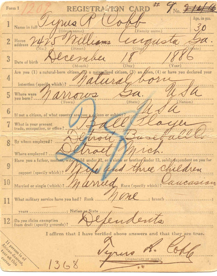 Ty Cobb's WWI draft registration card
