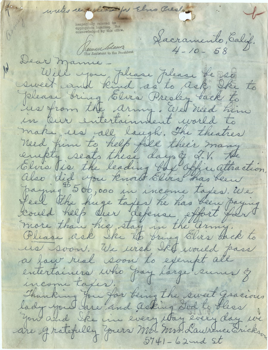 Letter from an Elvis Presley fan to Mamie Eisenhower