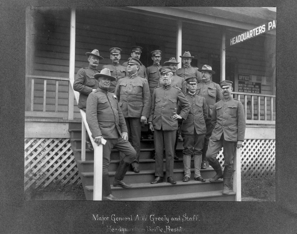 Maj. Gen. Adolphus Greely (front center) stands with his staff at the Headquarters of the Pacific Division. 