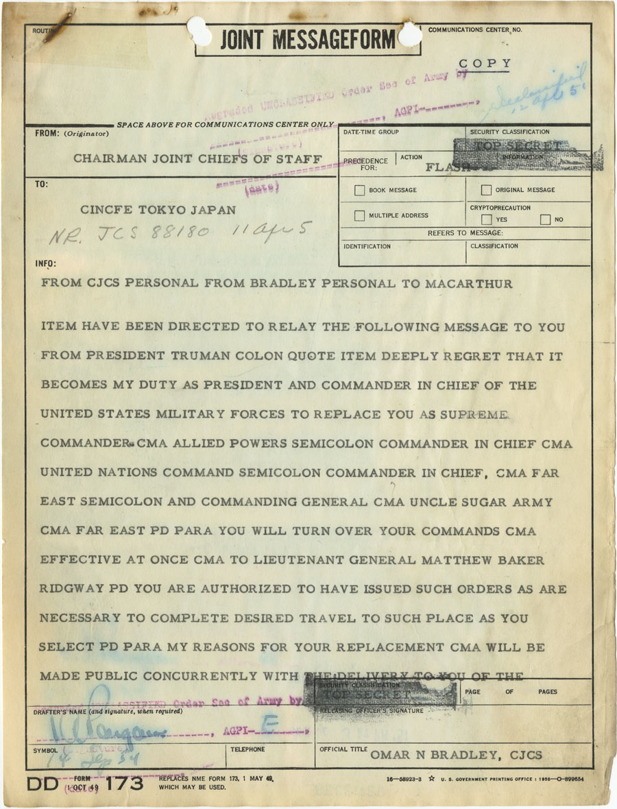 A 1951 telegram conveys President Truman's decision to relieve Douglas MacArthur of his commands