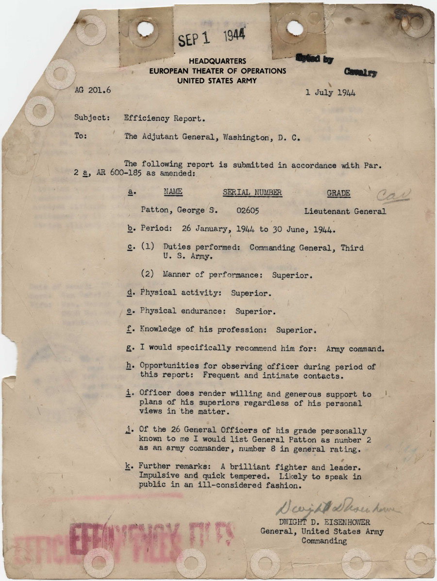 1944 evaluation of Lt Gen George Patton by Gen Dwight Eisenhower