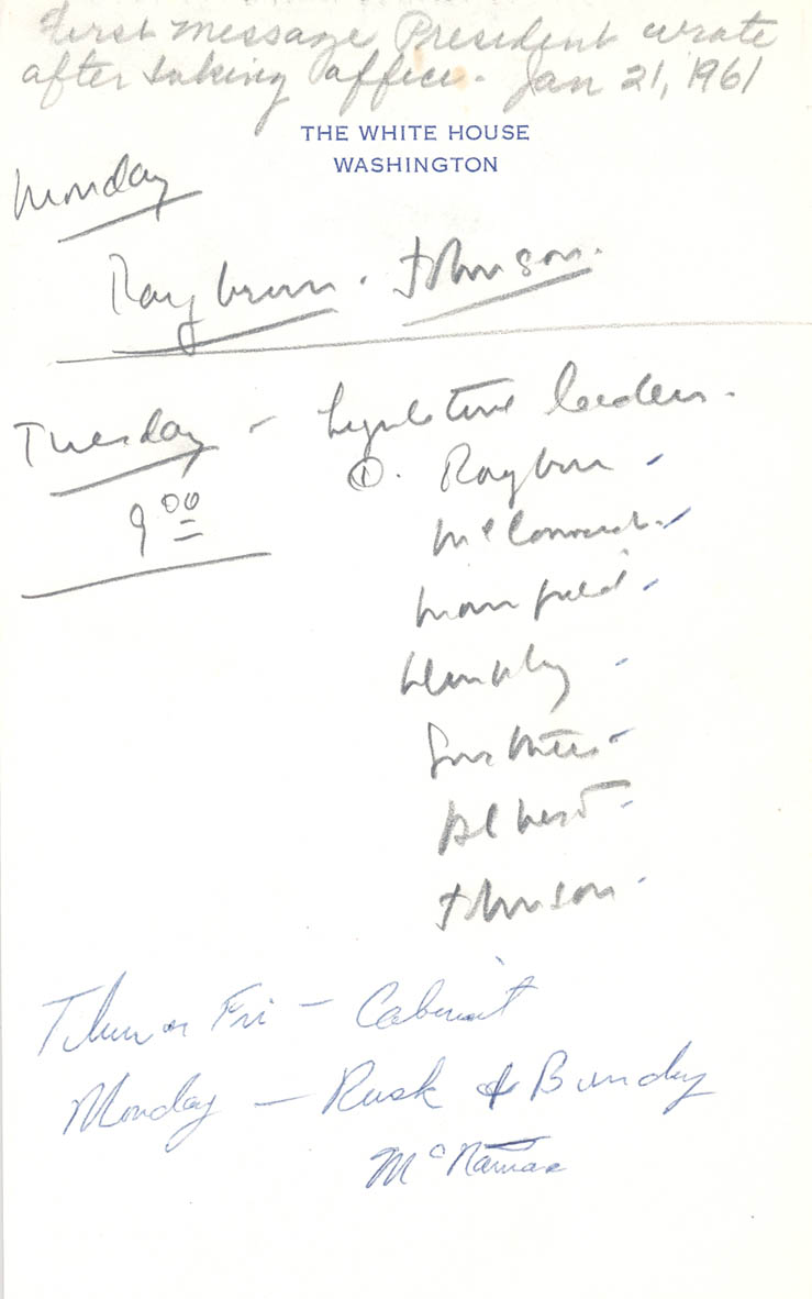 note in President Kennedy's hand, written shortly after taking office on January 21, 1961