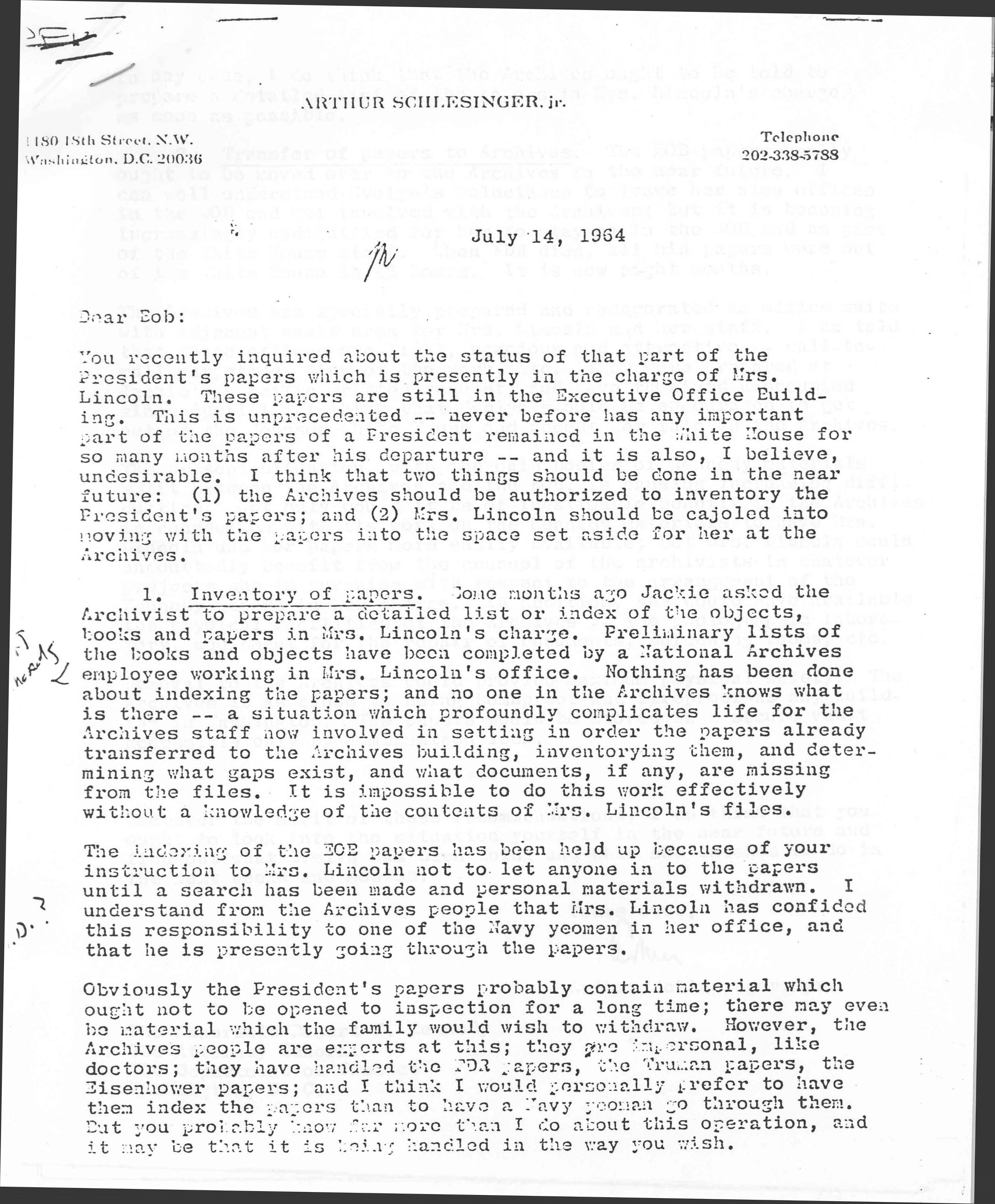 Letter from Arthur Schlesinger regarding the status of JFK's papers