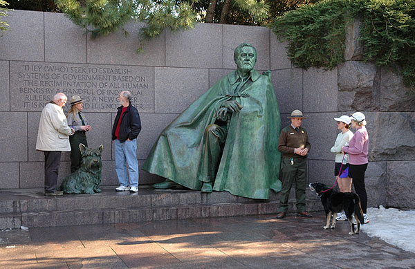A statue of Roosevelt greets visitors to the FDR Memorial in Washington, DC