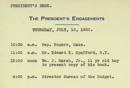 The President's log shows that Hoover made time in his schedule to meet the Marsh boys and receive a copy of their book.