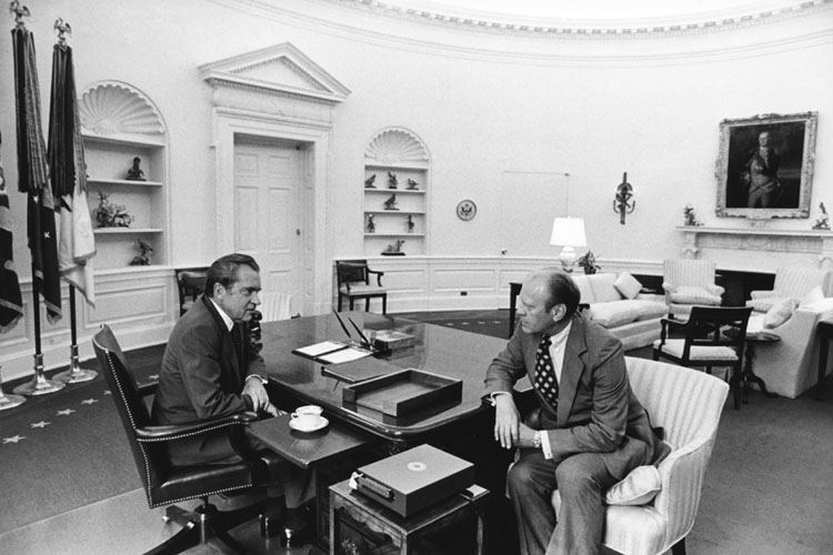 President Nixon meets with Vice President Ford on August 8, 1974.