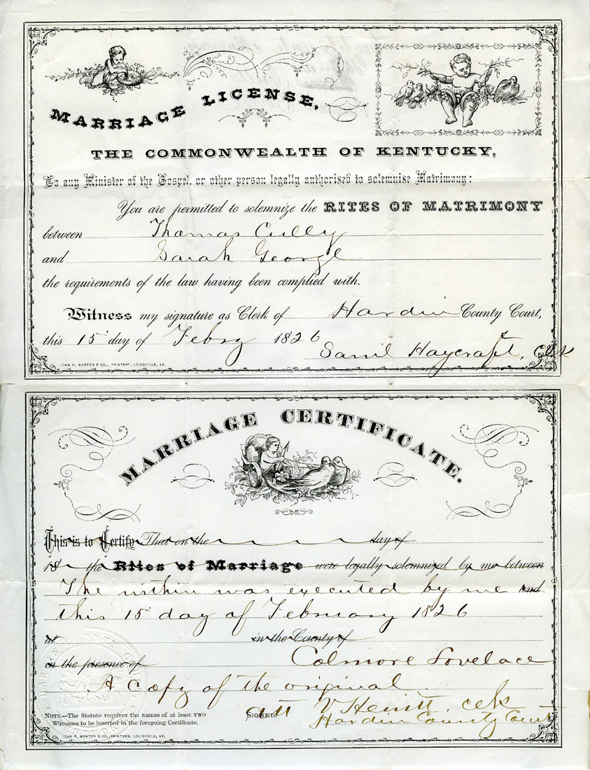 marriage certificate for Sarah and Thomas Cully
