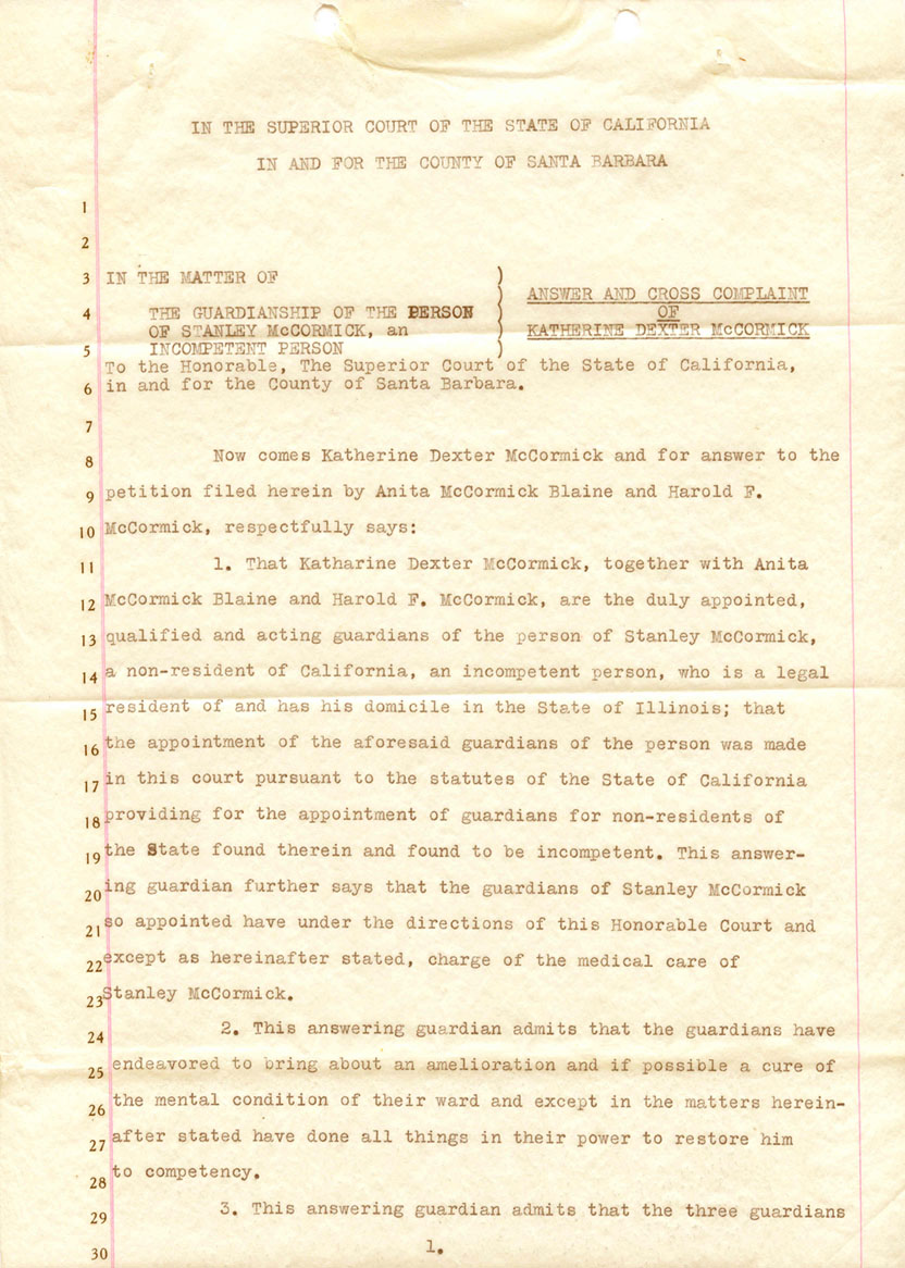 petition to court from Katharine McCormick concerning incapacity of her husband, Stanley