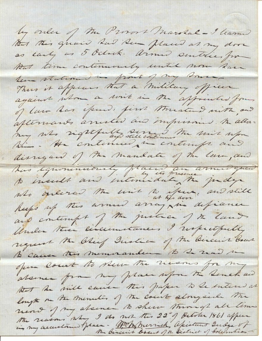 final page of Merrick's letter to his fellow judges explaining why he was unable to attend the regular session of the court on October 22, 1861