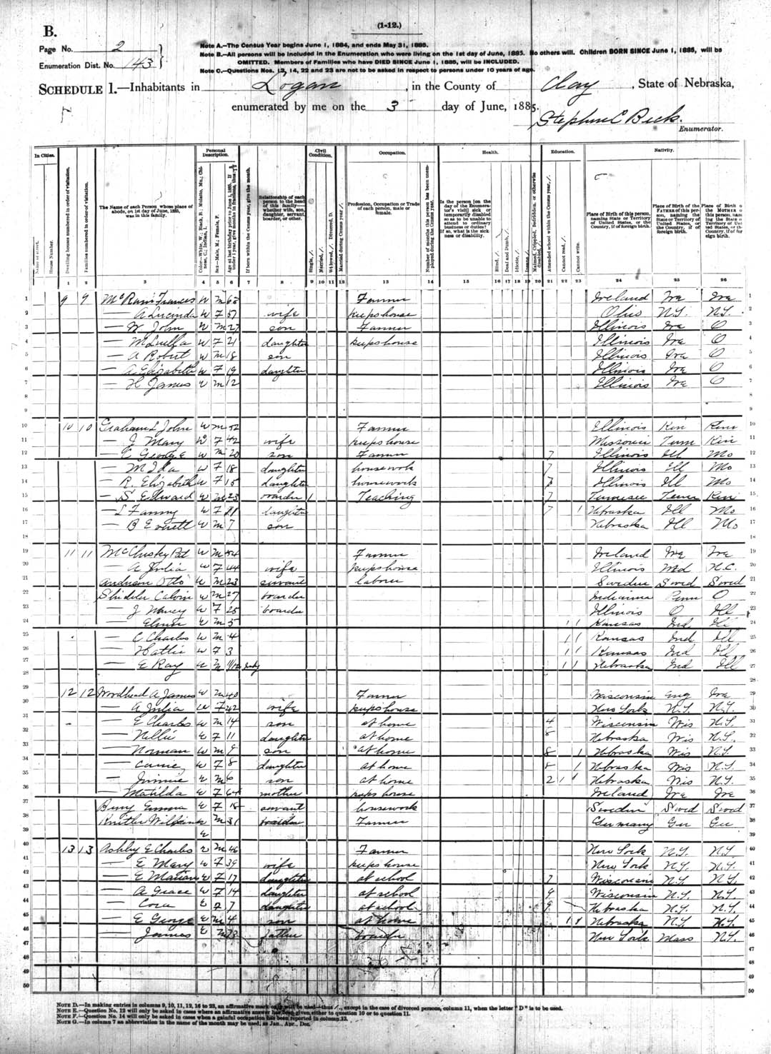 1885 federal semicentennial census for Logan Township, Clay County, Nebraska