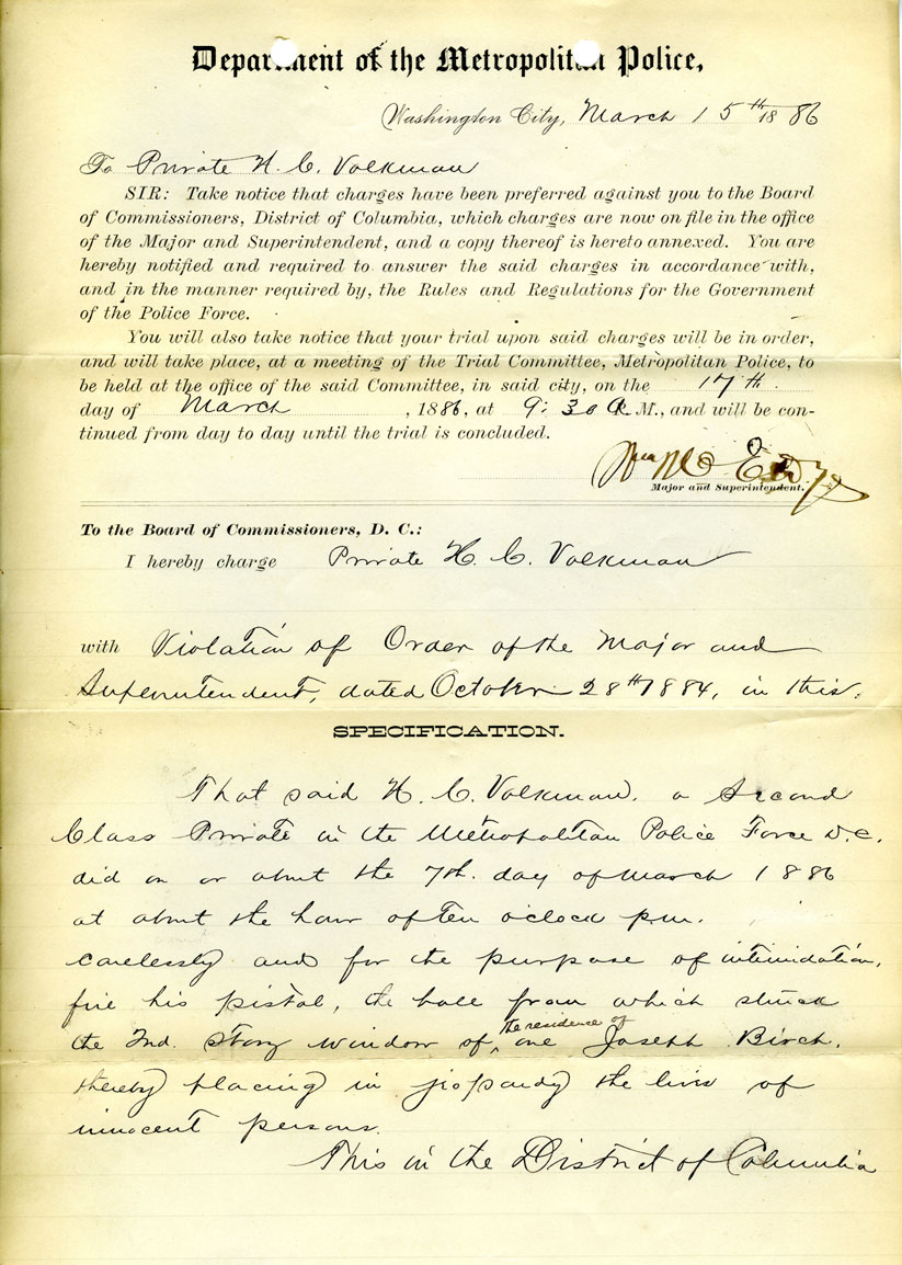 The  specification of charges  from the personnel file of Henry C. Volkman