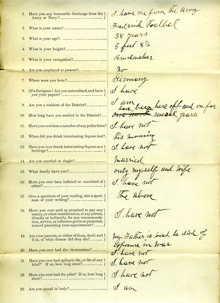 Frederick Voelbel filled out this questionnaire when he applied for a job as a patrolman