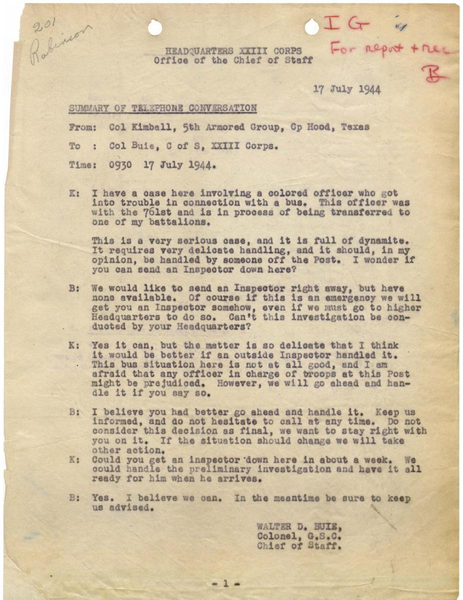 summary of telephone conversation between Col Buie and Col Kimball re Robinson court-martial