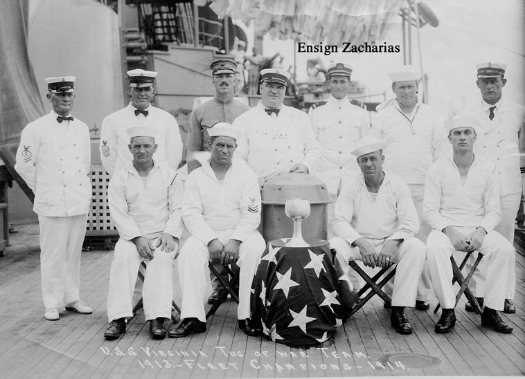 Ensign Zacharias poses with the Fleet Champion Tug of War Team aboard the USS Virginia in 1914.