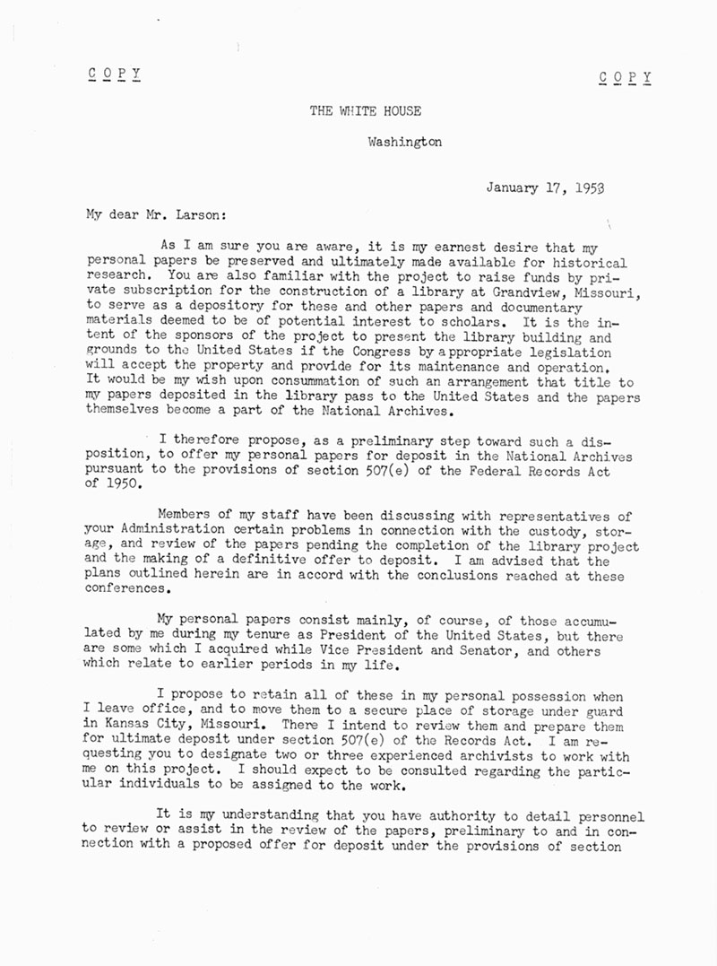  a January 15, 1953, letter from Truman donating his presidential materials