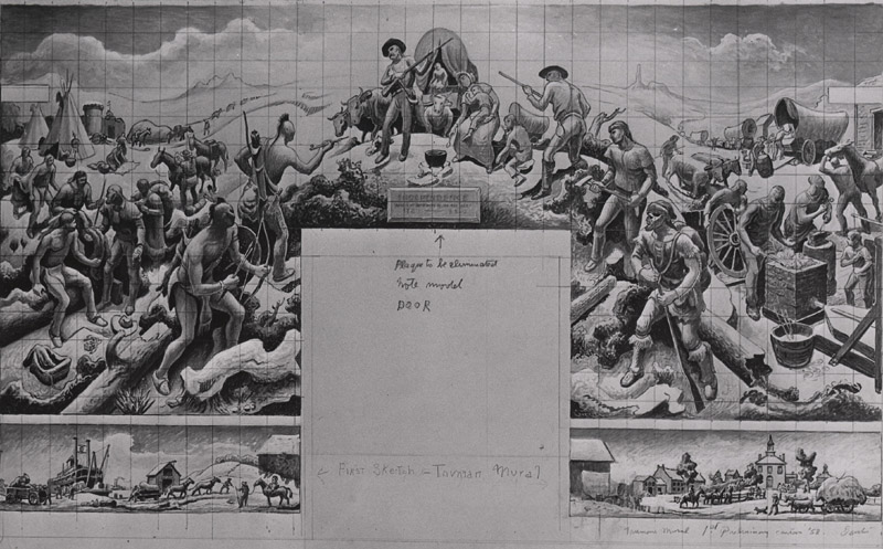 Benton's first cartoon drawing of Independence and the Opening of the West,