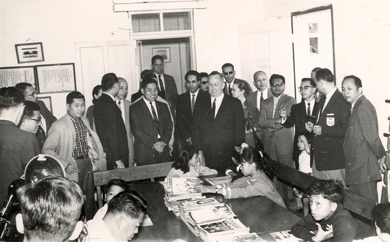 A delegation of visitors at the Nixon Library in Hong Kong in 1965.