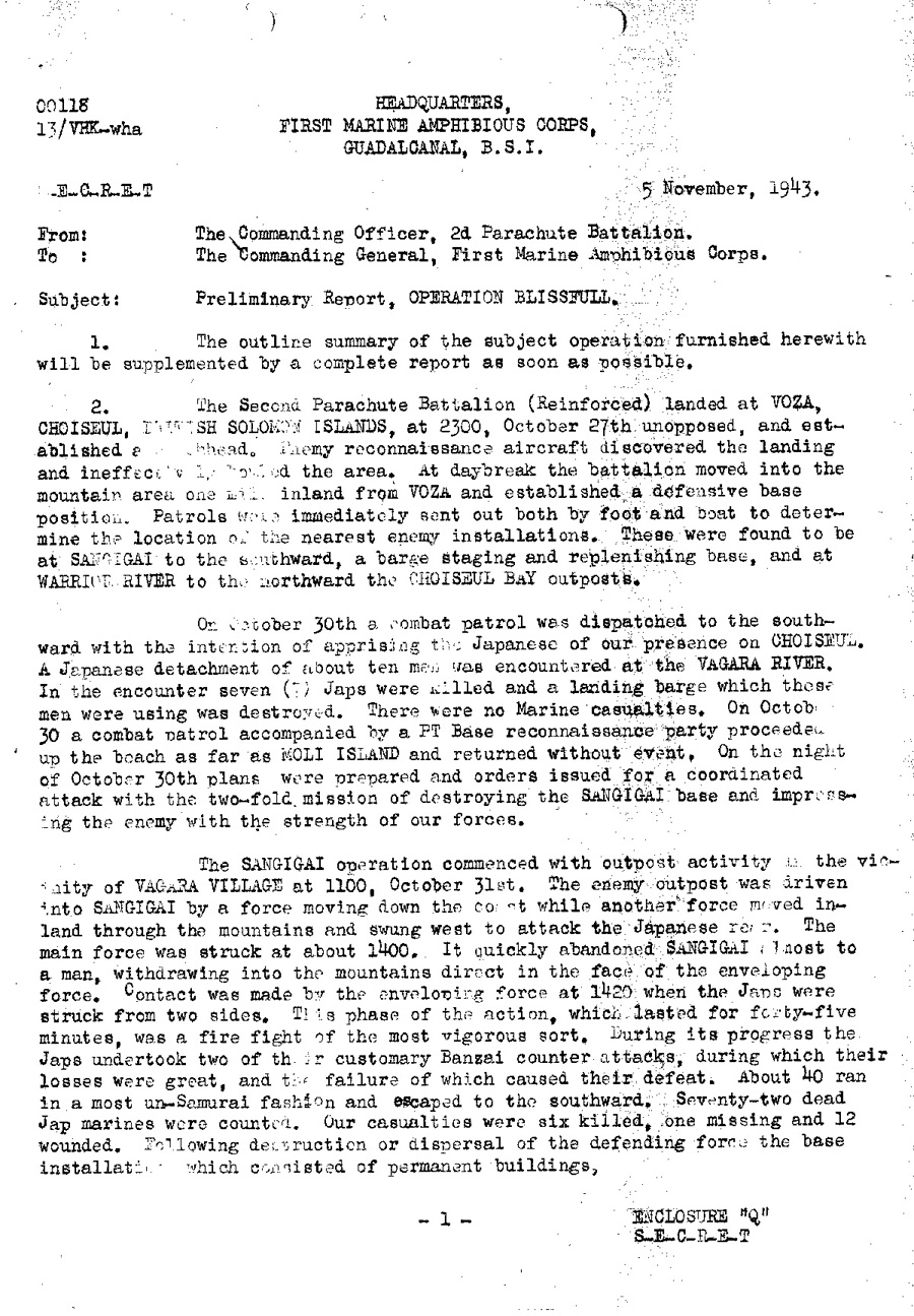 Lt. Col. Victor Krulak's preliminary report on the Choiseul Island campaign