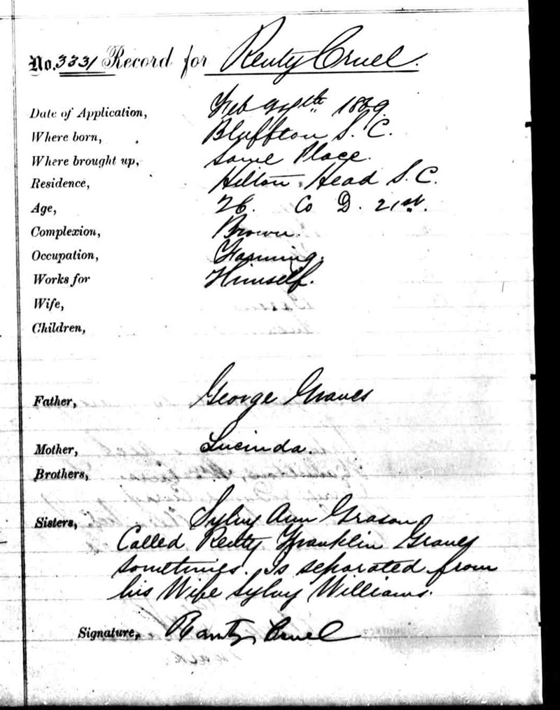 Greaves's February 17, 1869, application for an account with the Freedman's Savings and Trust Company in Beaufort