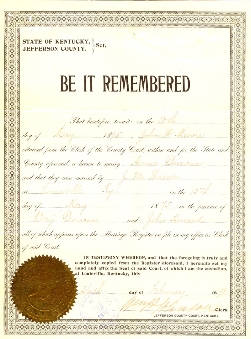 certified copy of the marriage record held by the Jefferson County Court (Kentucky) was submitted by the widow Anna Moore to prove her marriage to veteran John W. Moore