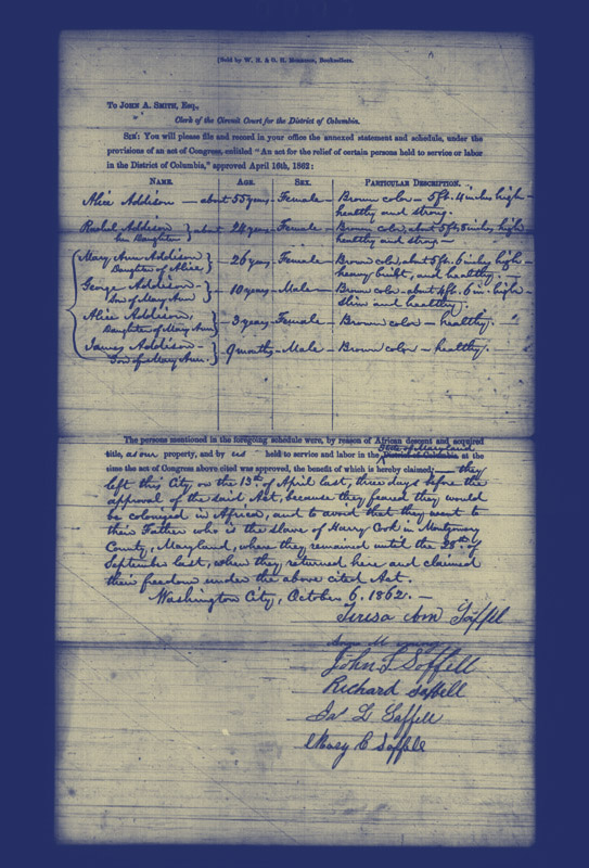 In a document with the circuit court, Alice Addison and her family filed for freedom under the emancipation act, and their masters, the Soffells, filed for compensation.