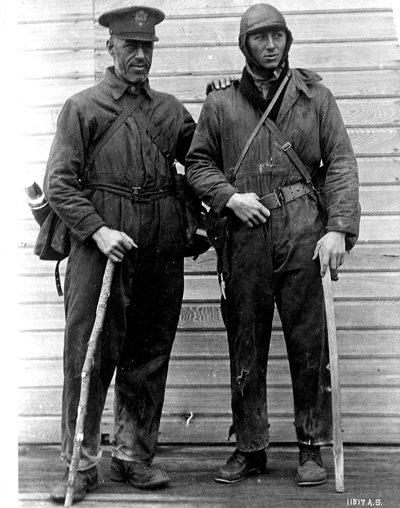 Major F. L. Martin and Sgt. Harvey, taken on return to civilization after being lost in Alaska for 10 days 