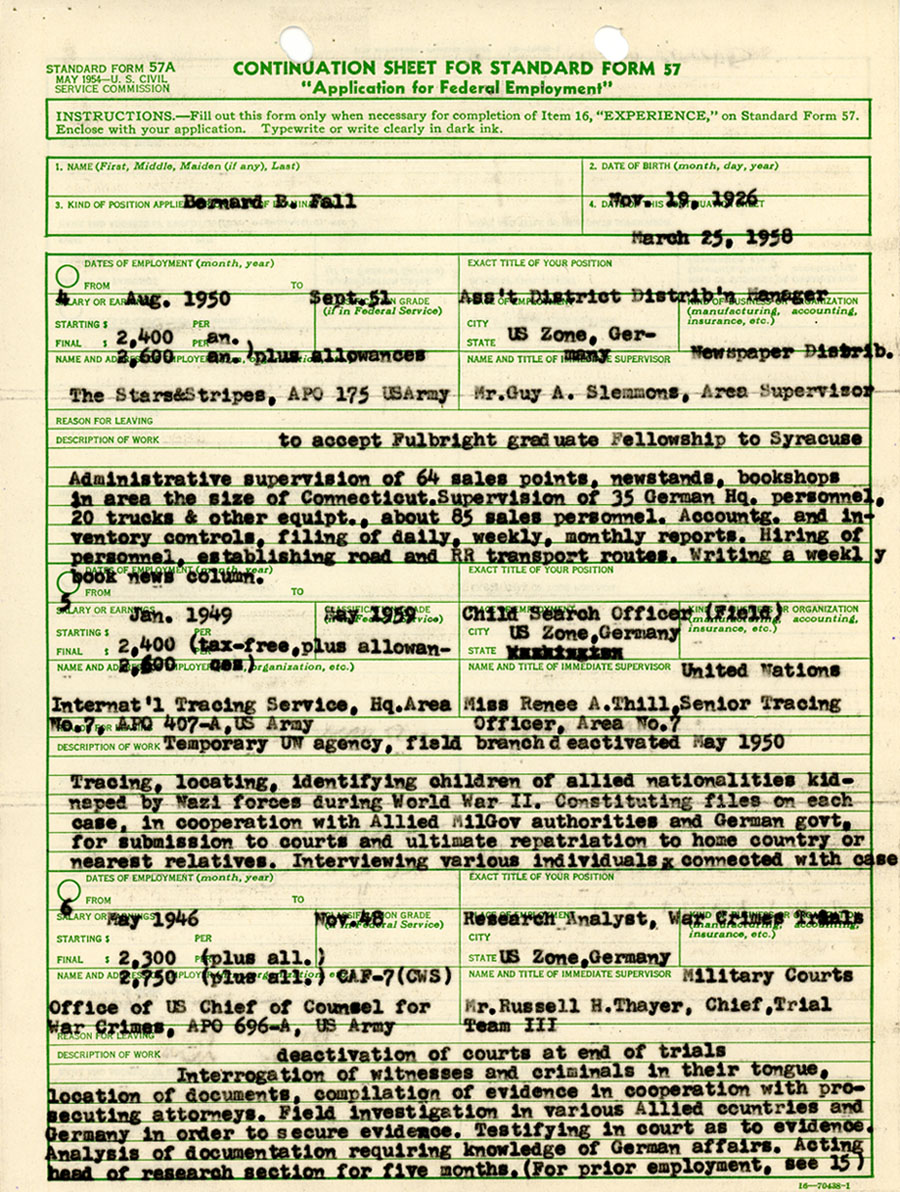 Bernard Fall's application (page 3) for a position as professor at the Royal School of Administration in Cambodia in March 1958. 