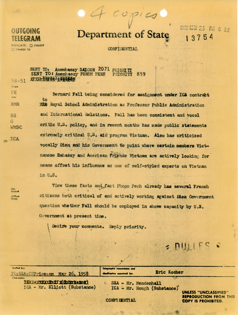 May 26, 1958, telegram from John Foster Dulles to the American embassies in Saigon