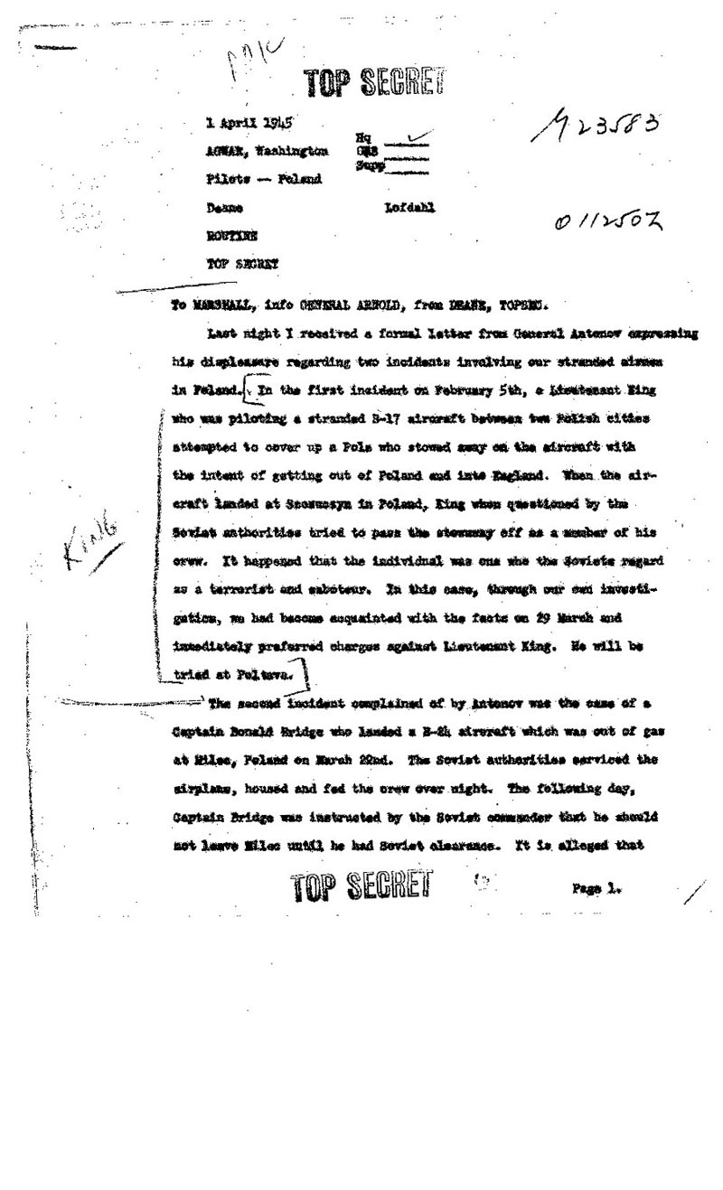 Letter from Maj. Gen. John R. Deane relaying Antonov's complaint