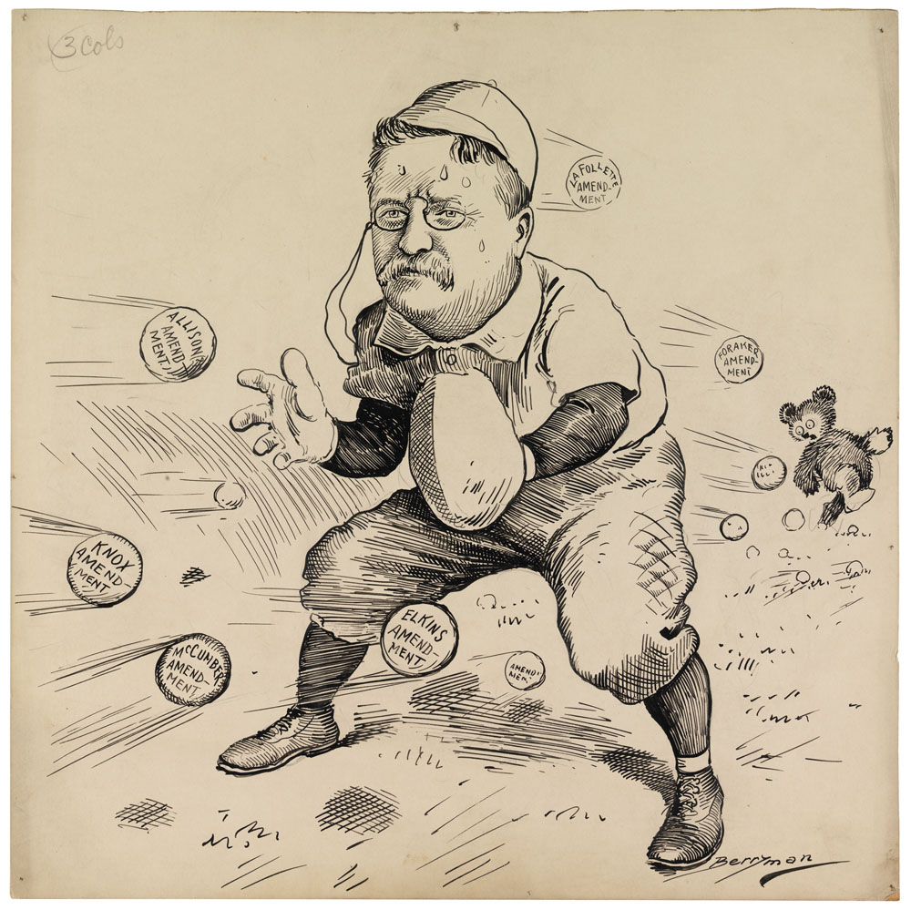 Clifford K. Berryman cartoon depicts President Theodore Roosevelt attempting to get a handle on the various Senate amendments to the Hepburn Act