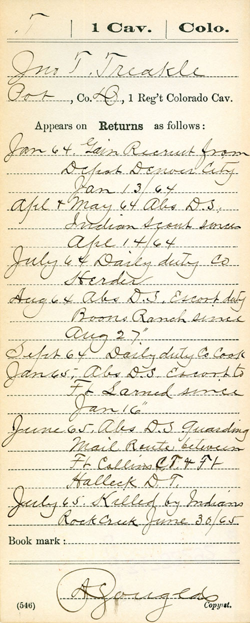 Card from John Treakle's compiled service record