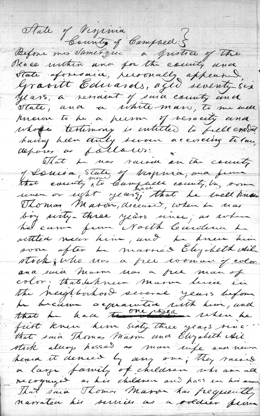 Written testimony from  Gravitt Edwards that the Masons always passed as man and wife