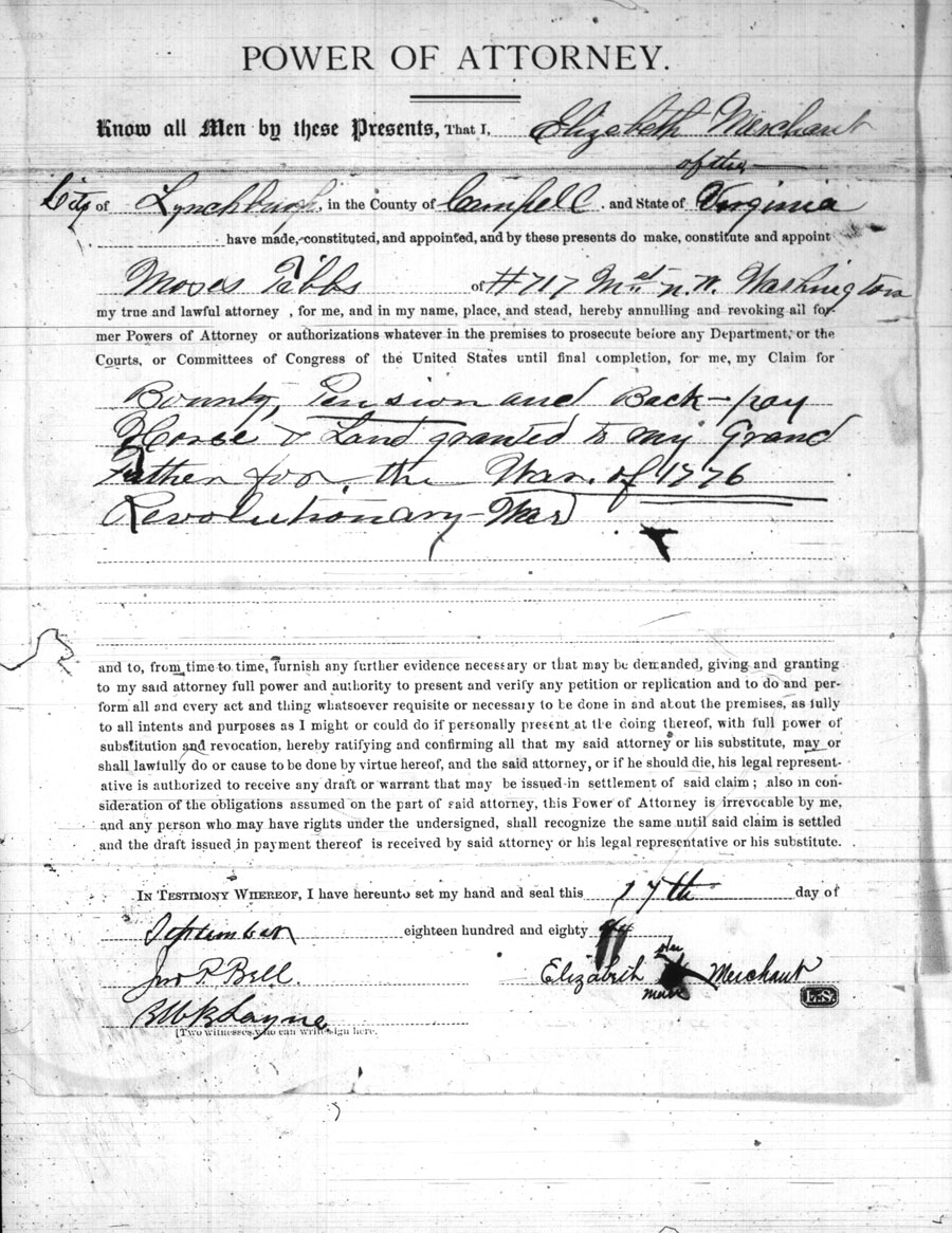 Elizabeth Merchant of Lynchburg, Virginia, filed an unsuccessful claim for Bounty, Pension and Back-pay