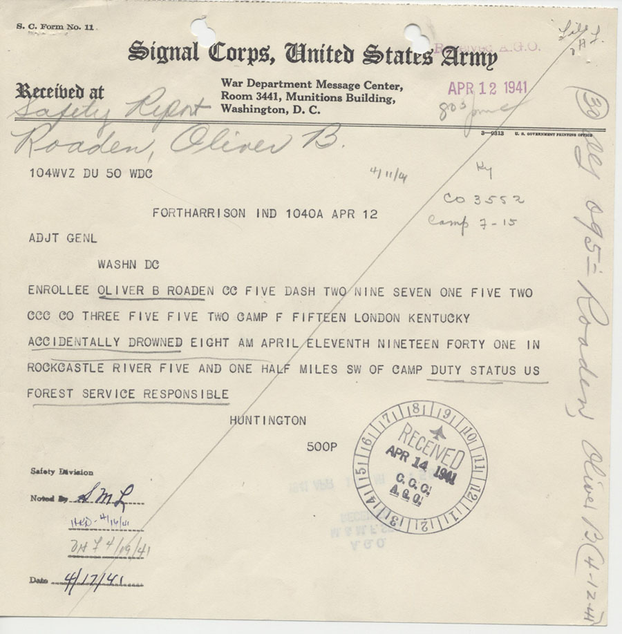 Oliver Roaden's file contains a telegram reporting his death. 