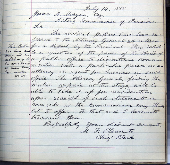 Letter from Chief Clerk Pleasants with margin note by Walt Whitman