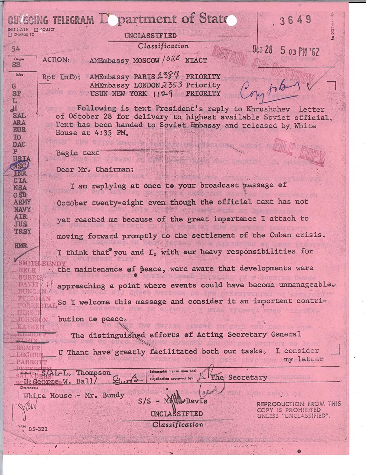 telegram from Kennedy to Khrushcheve