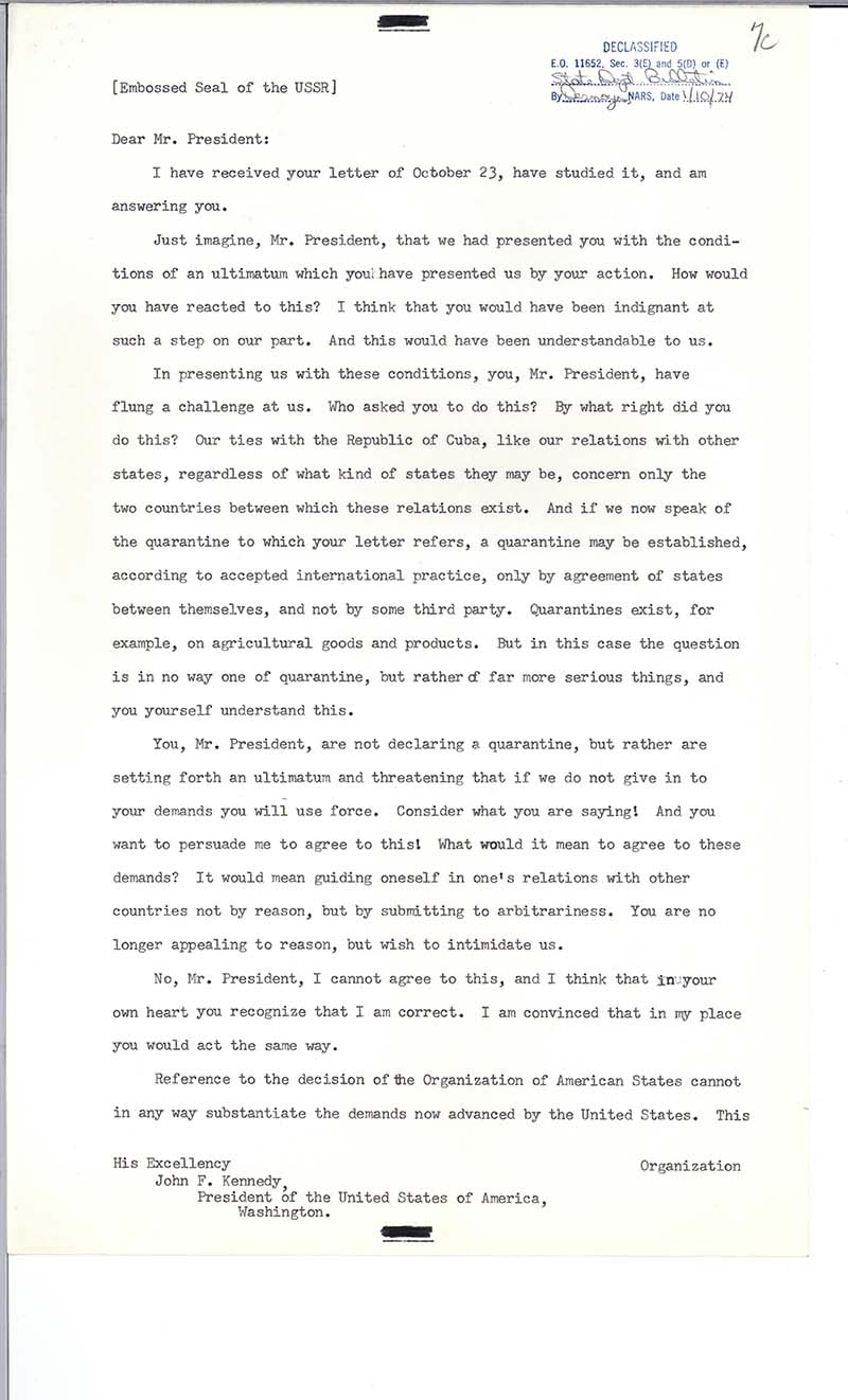 Letter ffrom Khrushchev to Kennedy dated October 24, 1962