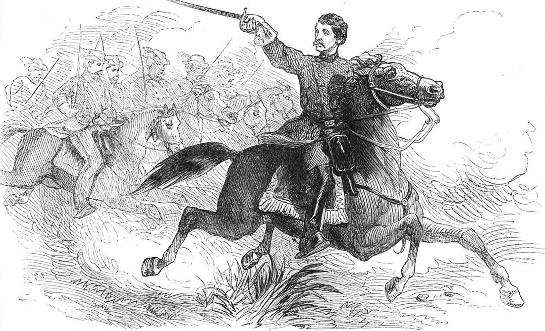 Col. Harry Gilmor on a horse, taken from frontispice of his 1866 memoir, Four Years in the Saddle