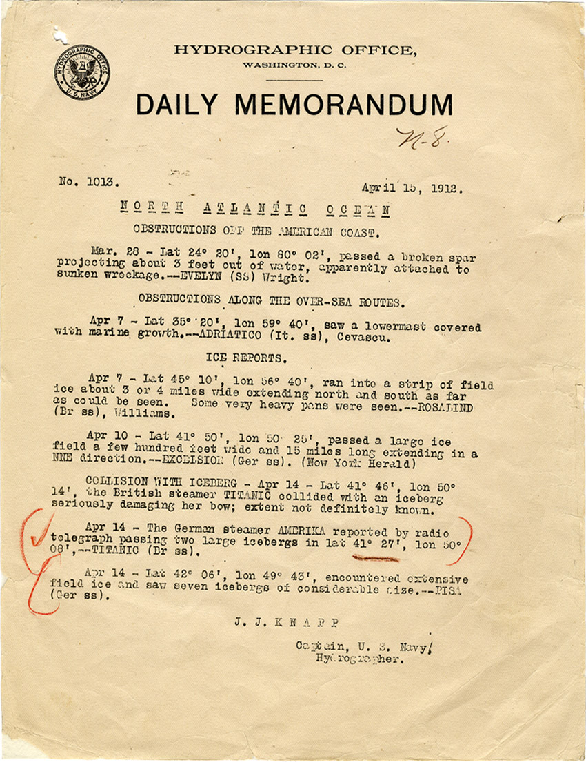 The Navy Hydrographic Office's daily memorandum notes both ice reports in the North Atlantic and the Titanic's collision with an iceberg